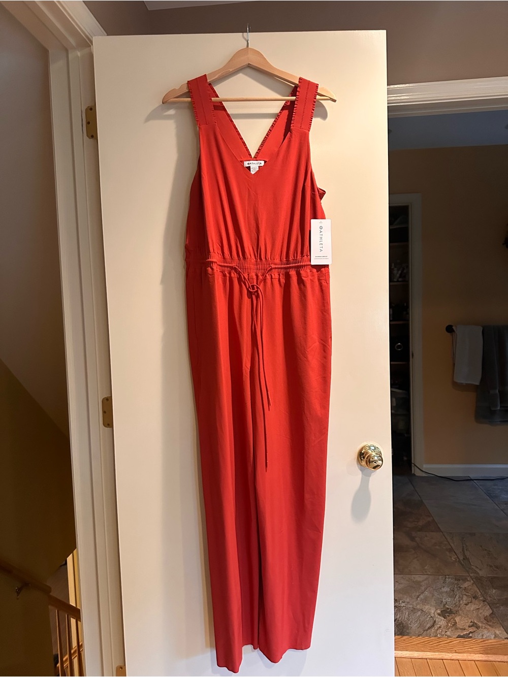 Athleta Coral Red Sleeveless V-Neck Maxi Jumpsuit